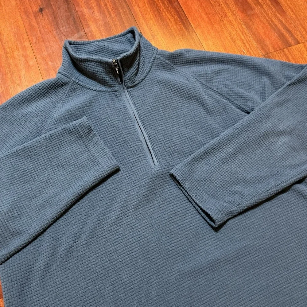 LL Bean Pullover Mens Large Blue Waffle Knit Grid Thermal 1/4 Zip Fleece Sweater